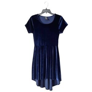 TMG New York Dress Women's Size S Blue Velvet Hi-Low Hem Short Sleeve Fit Flare